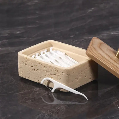 Beige & dark wood double decker natural stone jewelry organizer bathroom storage