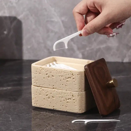 Beige & dark wood double decker natural stone jewelry organizer bathroom storage