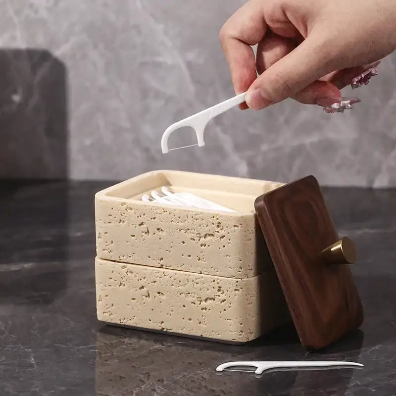 Beige & dark wood double decker natural stone jewelry organizer bathroom storage