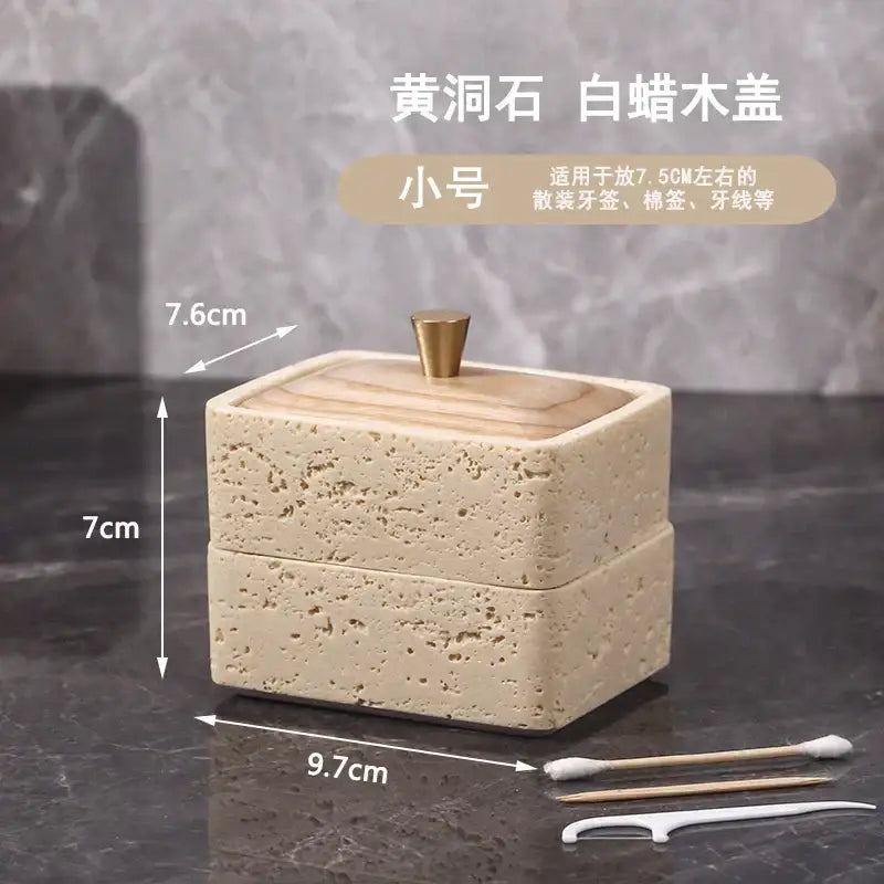 Beige & dark wood double decker natural stone jewelry organizer bathroom storage