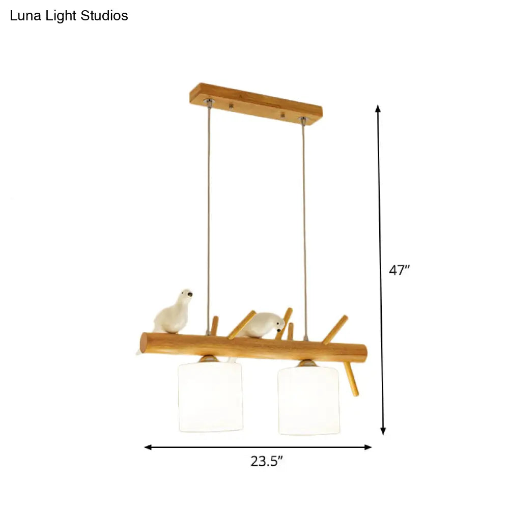 DecorBites™ Beige Drum Island Lighting: Simple 2/3 Heads Pendant Lamp with Opaque Glass and Bird on Wood Branch Design