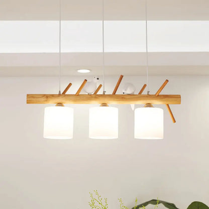 DecorBites™ Beige Drum Island Lighting: Simple 2/3 Heads Pendant Lamp with Opaque Glass and Bird on Wood Branch Design