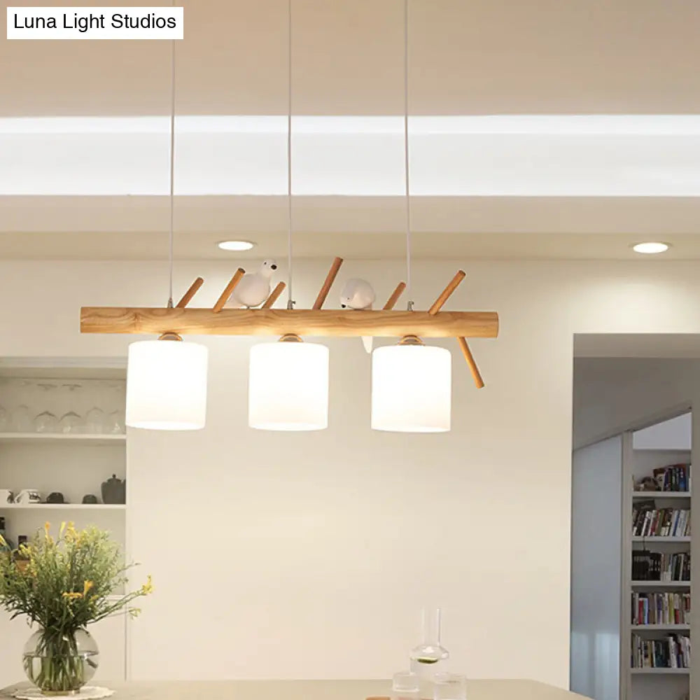 DecorBites™ Beige Drum Island Lighting: Simple 2/3 Heads Pendant Lamp with Opaque Glass and Bird on Wood Branch Design