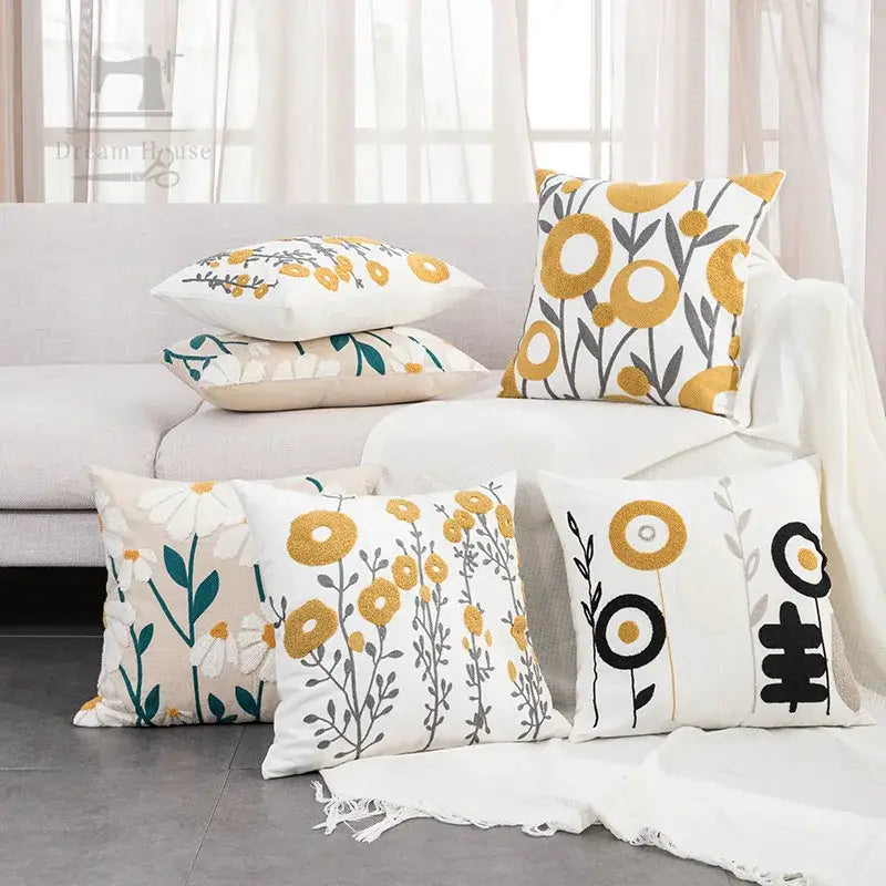 Beige embroidered daisy floral pillow cover bedroom decor