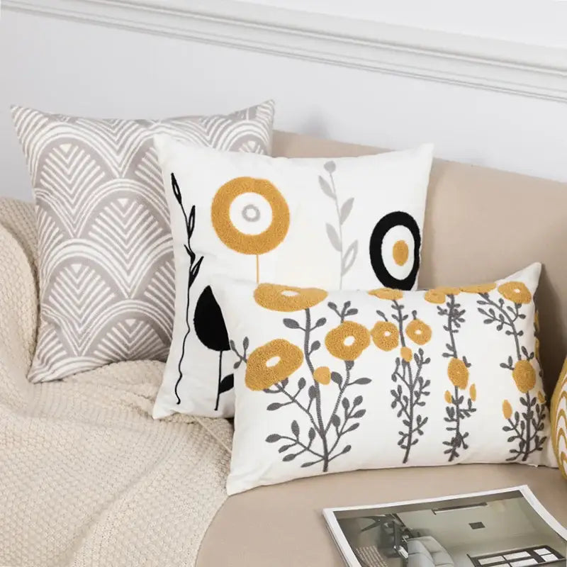 Beige embroidered daisy floral pillow cover bedroom decor