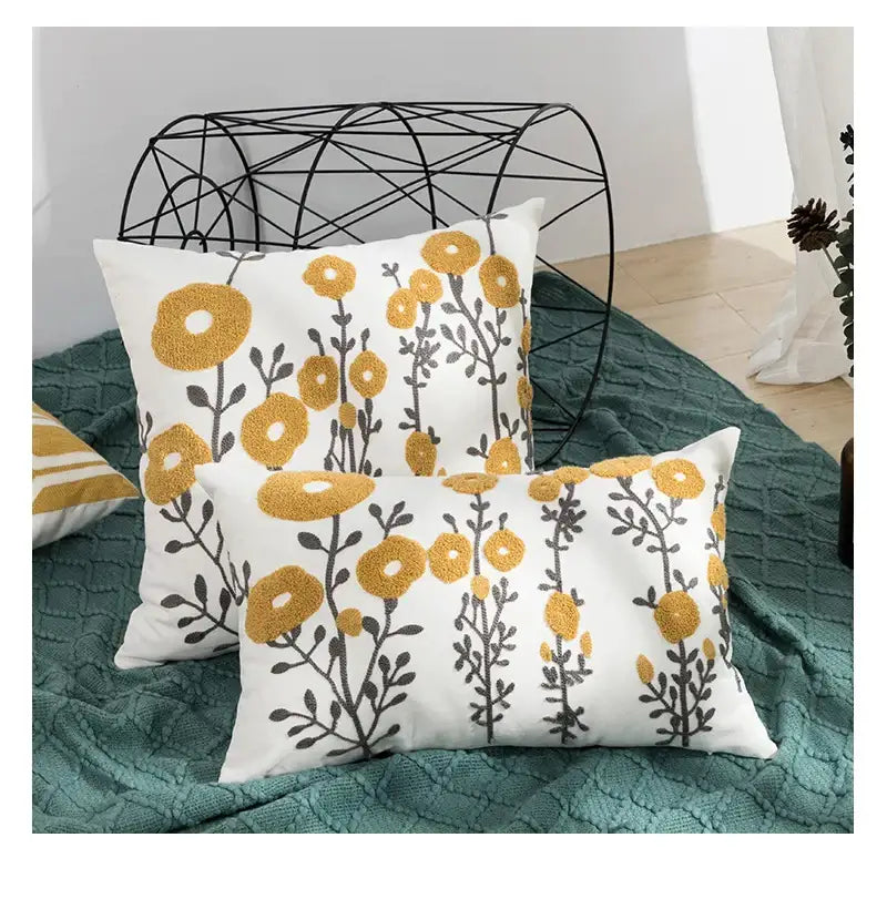 Beige embroidered daisy floral pillow cover bedroom decor