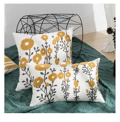 Beige embroidered daisy floral pillow cover bedroom decor