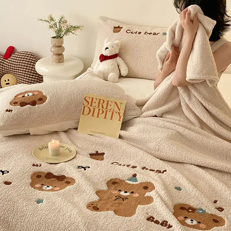 Beige embroidered teddy fleece blanket bedroom cozy teddy fleece