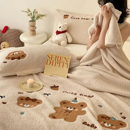 Beige embroidered teddy fleece blanket bedroom cozy teddy fleece