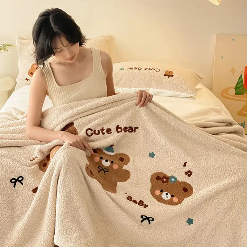Beige embroidered teddy fleece blanket bedroom cozy teddy fleece