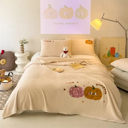 Beige embroidered teddy fleece blanket bedroom cozy teddy fleece