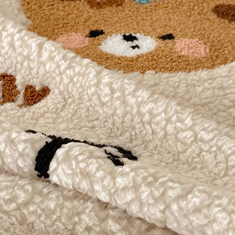 Beige embroidered teddy fleece blanket bedroom cozy teddy fleece