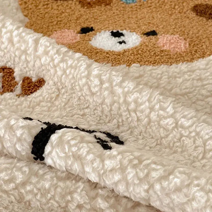 Beige embroidered teddy fleece blanket bedroom cozy teddy fleece