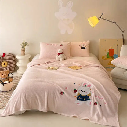 Beige embroidered teddy fleece blanket bedroom cozy teddy fleece