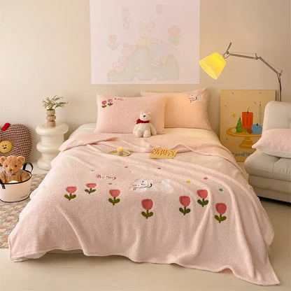 Beige embroidered teddy fleece blanket bedroom cozy teddy fleece