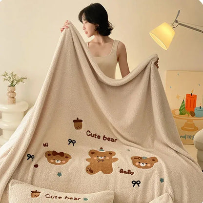 Beige embroidered teddy fleece blanket bedroom cozy teddy fleece