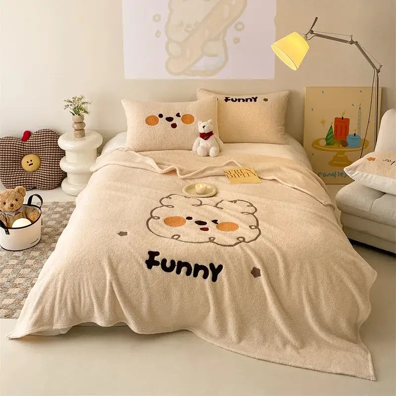 Beige embroidered teddy fleece blanket bedroom cozy teddy fleece