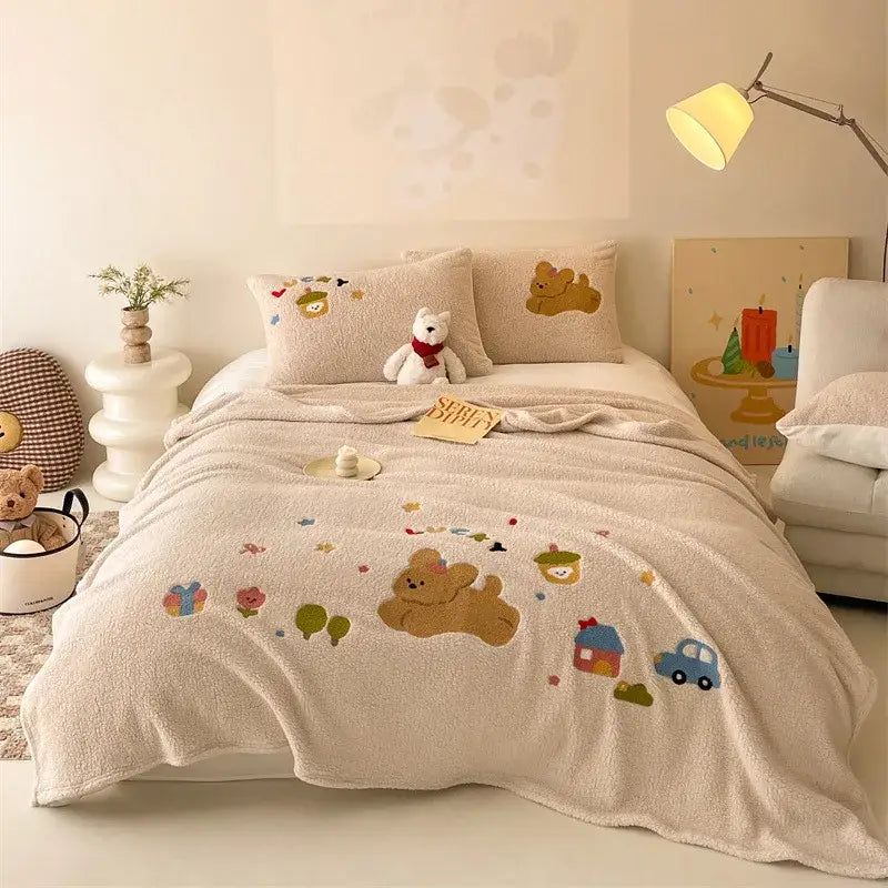 Beige embroidered teddy fleece blanket bedroom cozy teddy fleece