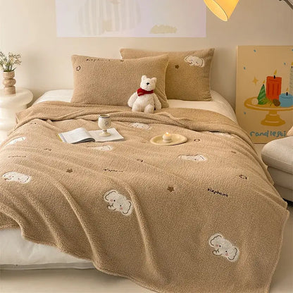 Beige embroidered teddy fleece blanket bedroom cozy teddy fleece