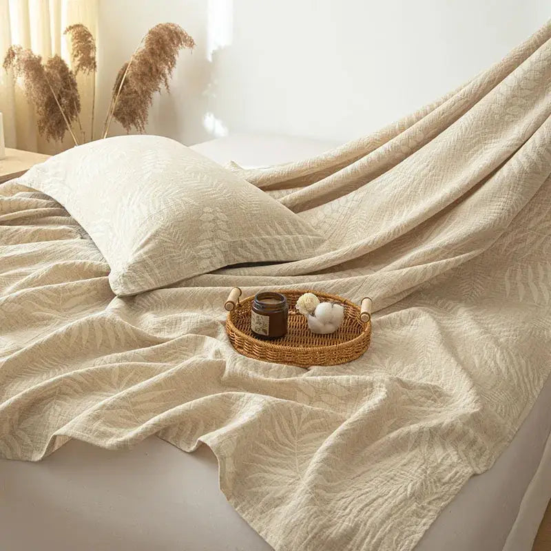Beige fern leaf cotton linen bed sheet set bedroom bedding