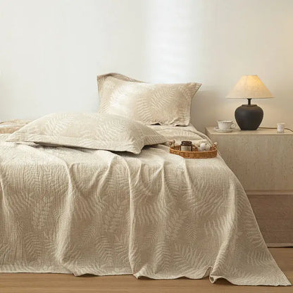 Beige fern leaf cotton linen bed sheet set bedroom bedding