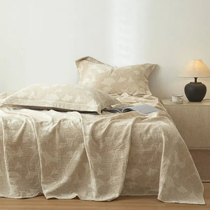 Beige fern leaf cotton linen bed sheet set bedroom bedding