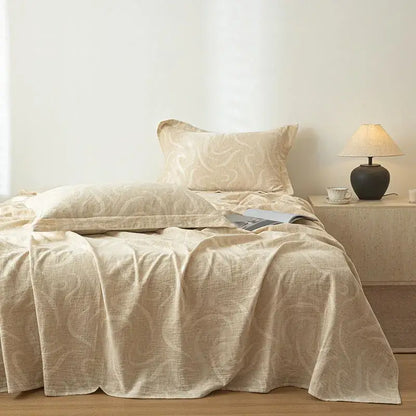 Beige fern leaf cotton linen bed sheet set bedroom bedding