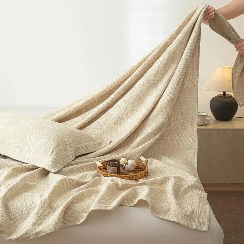 Beige fern leaf cotton linen bed sheet set bedroom bedding