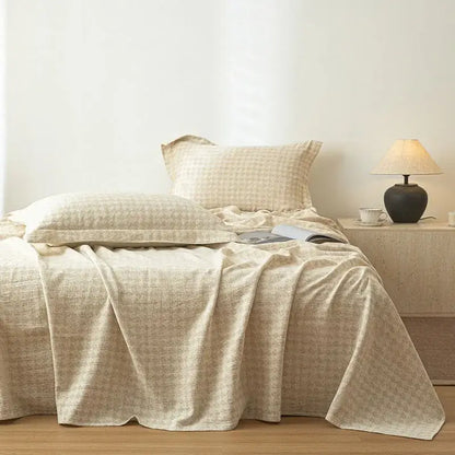 Beige fern leaf cotton linen bed sheet set bedroom bedding