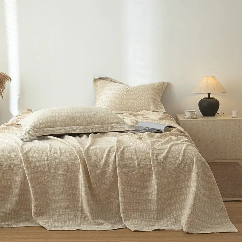 Beige fern leaf cotton linen bed sheet set bedroom bedding