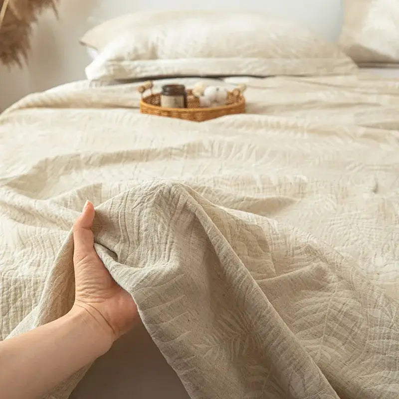 Beige fern leaf cotton linen bed sheet set bedroom bedding