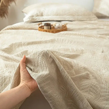 Beige fern leaf cotton linen bed sheet set bedroom bedding