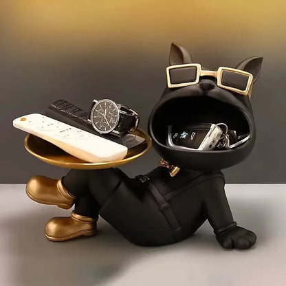 Beige french bulldog resin statue with gold tray living room decor