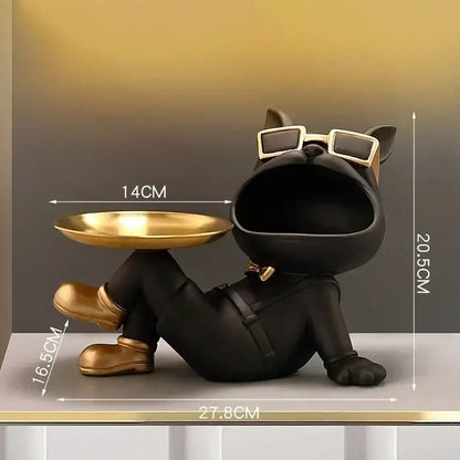 Beige french bulldog resin statue with gold tray living room decor
