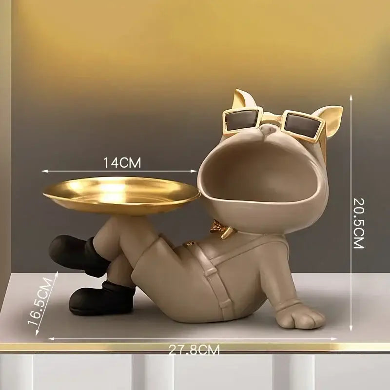 Beige french bulldog resin statue with gold tray living room decor