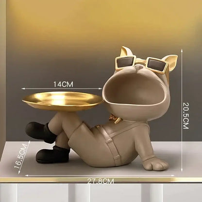 Beige french bulldog resin statue with gold tray living room decor