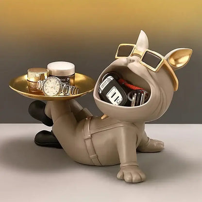 Beige french bulldog resin statue with gold tray living room decor