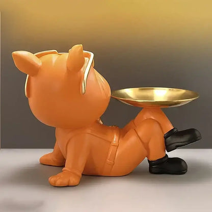 Beige french bulldog resin statue with gold tray living room decor