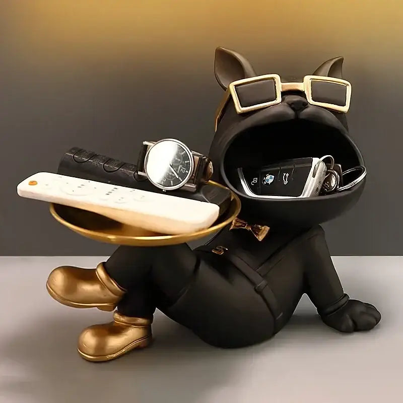 Beige french bulldog resin statue with gold tray living room decor