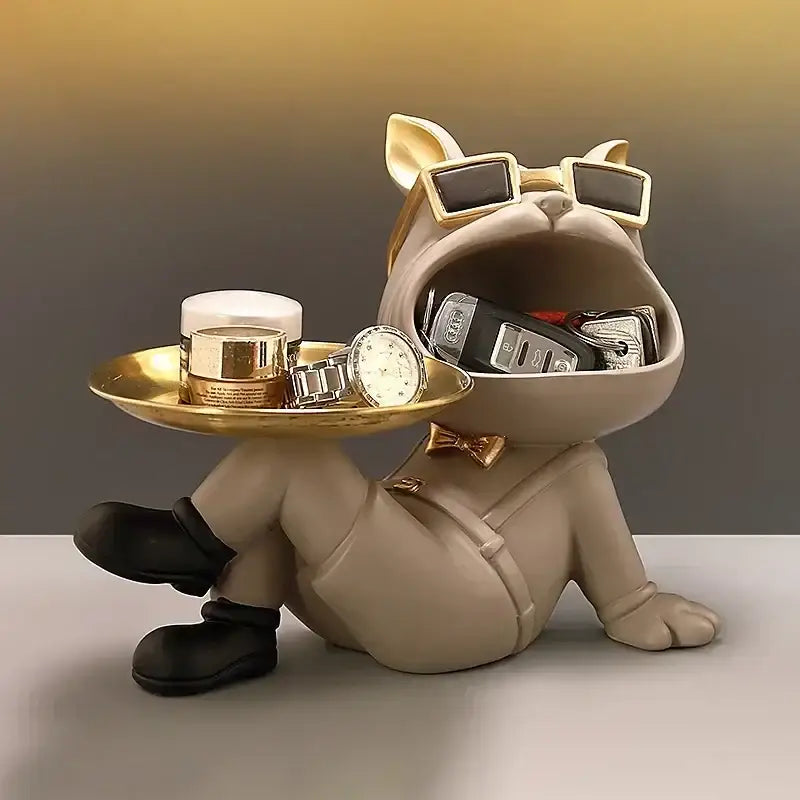 Beige french bulldog resin statue with gold tray living room decor
