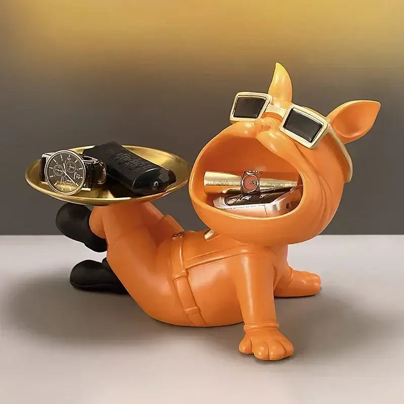 Beige french bulldog resin statue with gold tray living room decor
