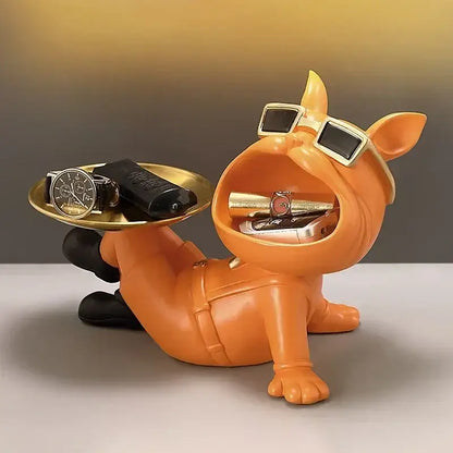 Beige french bulldog resin statue with gold tray living room decor