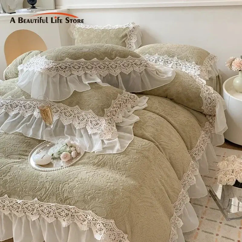 Beige french lace ruffles velvet bedding set bedroom decor