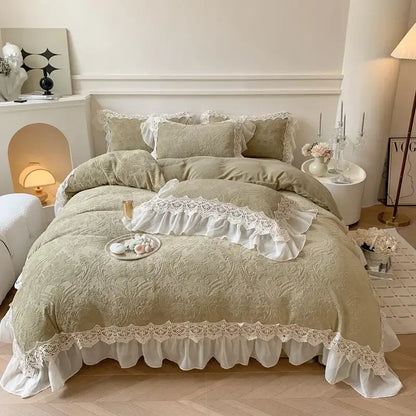 Beige french lace ruffles velvet bedding set bedroom decor