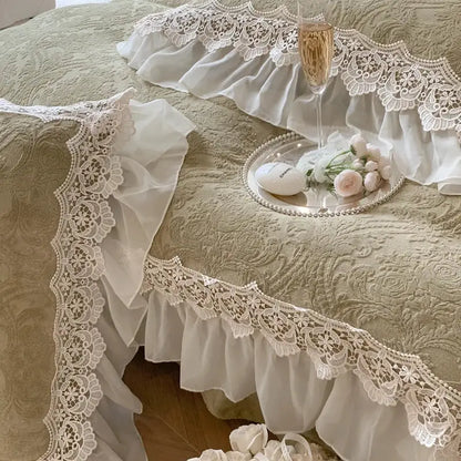 Beige french lace ruffles velvet bedding set bedroom decor