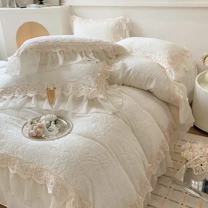 Beige french lace ruffles velvet bedding set bedroom decor