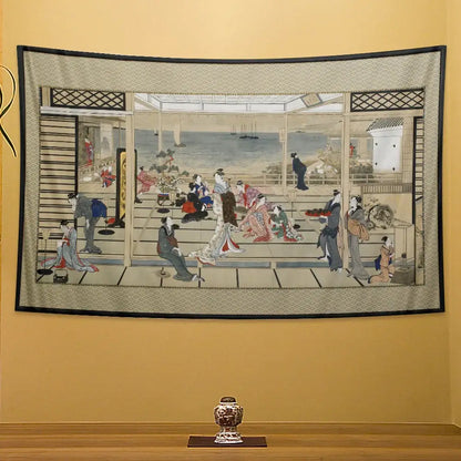 Beige geisha kanagawa print wall hanging bedroom fabric tapestry