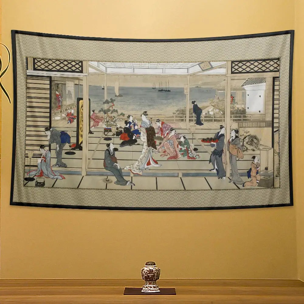 Beige geisha kanagawa print wall hanging bedroom fabric tapestry