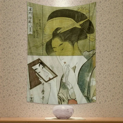 Beige geisha kanagawa print wall hanging bedroom fabric tapestry