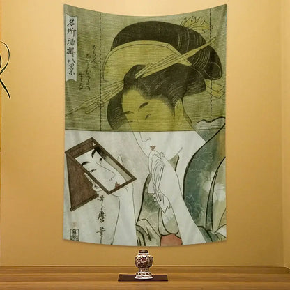 Beige geisha kanagawa print wall hanging bedroom fabric tapestry